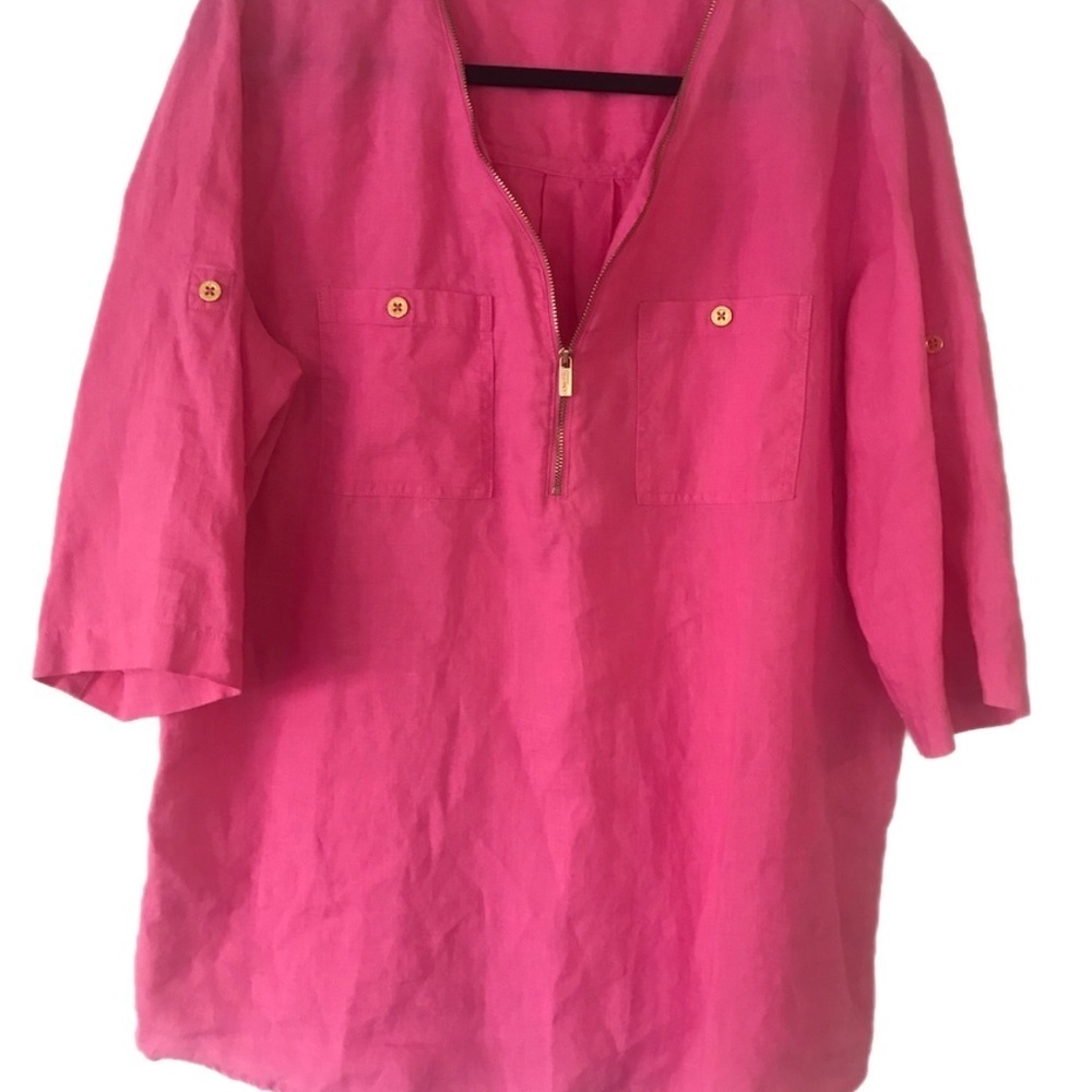 Hot Pink Linen Gold Hardware Pop Over Zip Front roll cuff tunic top minimalist